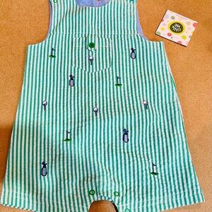 Little Me Green & White Stripe Baby Romper with Golf Embroidery